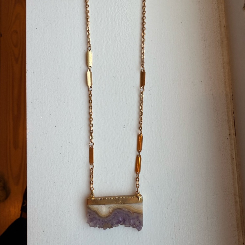 Rectangular Gold Played Amethyst Geode Slice Pend… - image 3